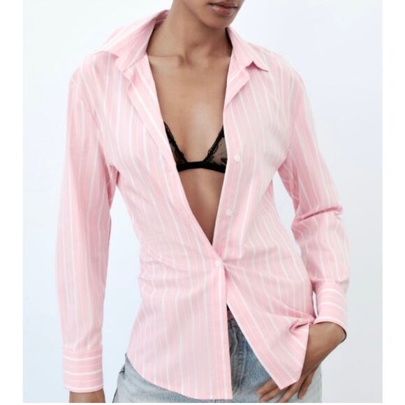 Zara Pink White Striped Collared Slim Fit Poplin Button Down Womens Shirt Size M - Picture 10 of 10